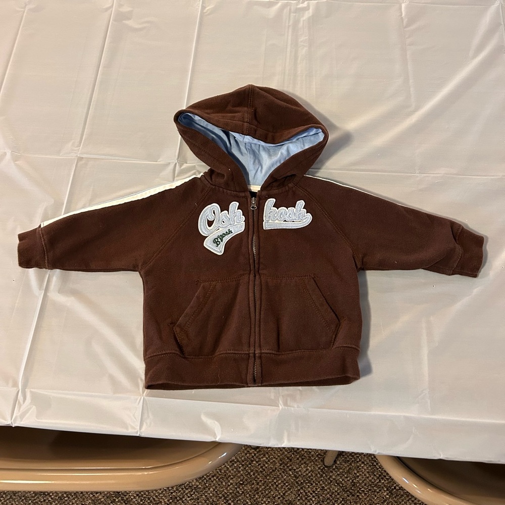 OshKosh B'Gosh Brown Blue Sweatshirt Hoodie Zipper 9 Mo. Logo Athletic Style